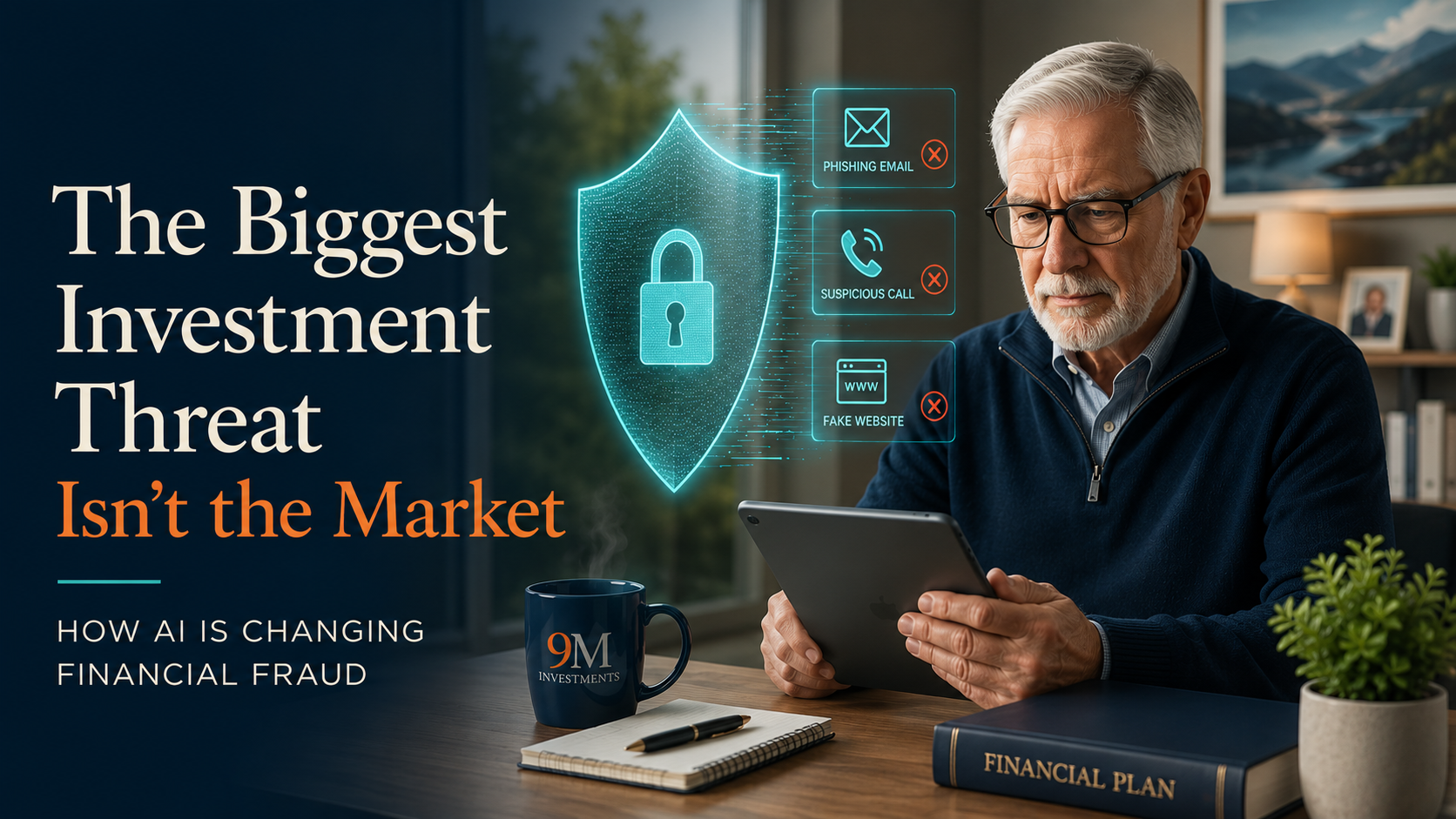 The Biggest Investment Threat Isn’t the Market Retiree reviewing financial information while protected from AI-powered cyber threats and investment fraud.