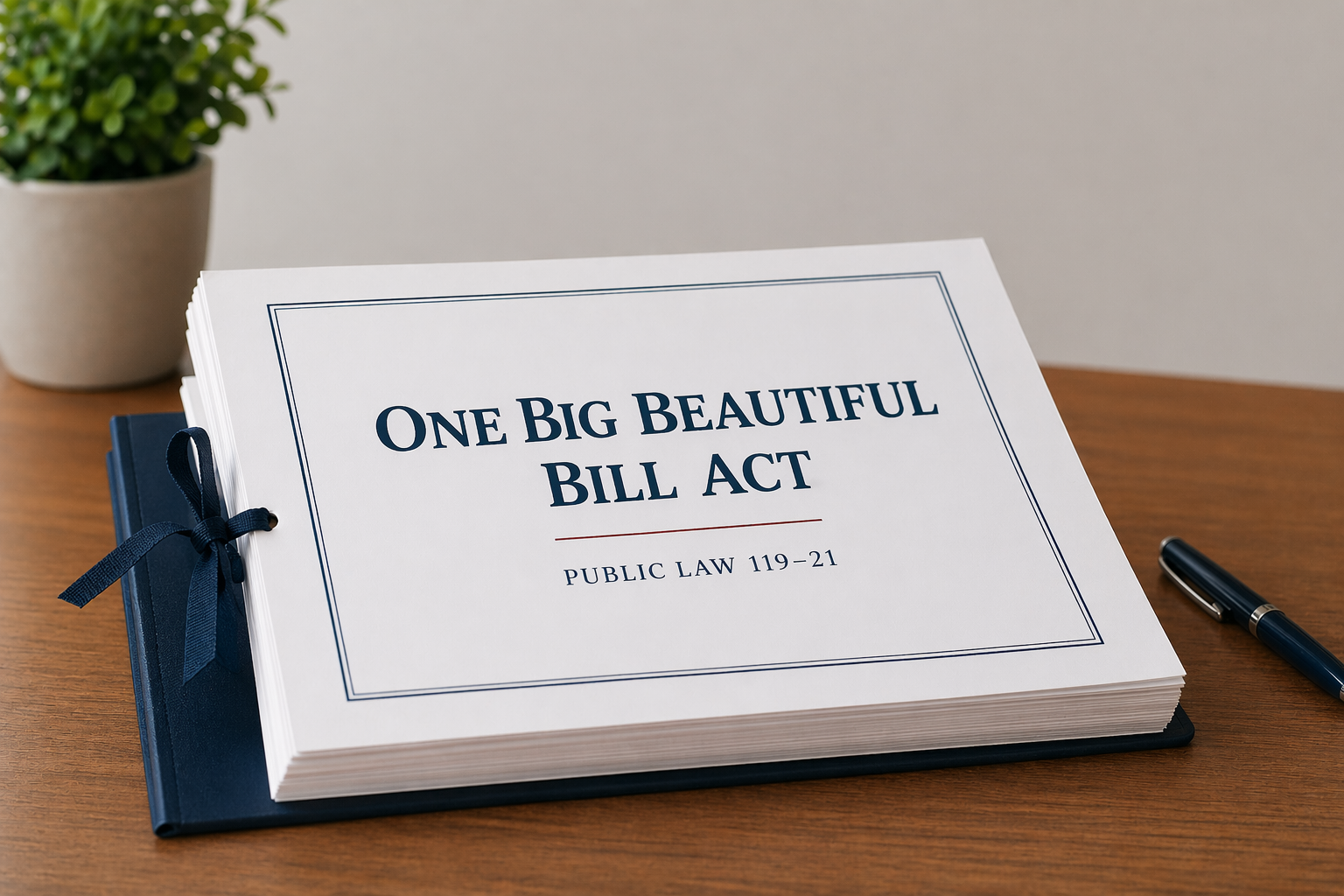 OBBB tax Open binder on a wooden desk displaying a sheet that reads 'One Big Beautiful Bill Act' with 'Public Law 119-21' underneath and a pen nearby.