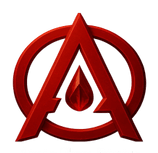 Red metallic stylized A within a circle, with a central faceted blood drop.