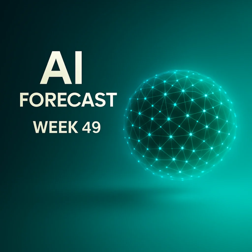AI Forecast Week 49 cover image with a glowing neural network sphere on a turquoise gradient background