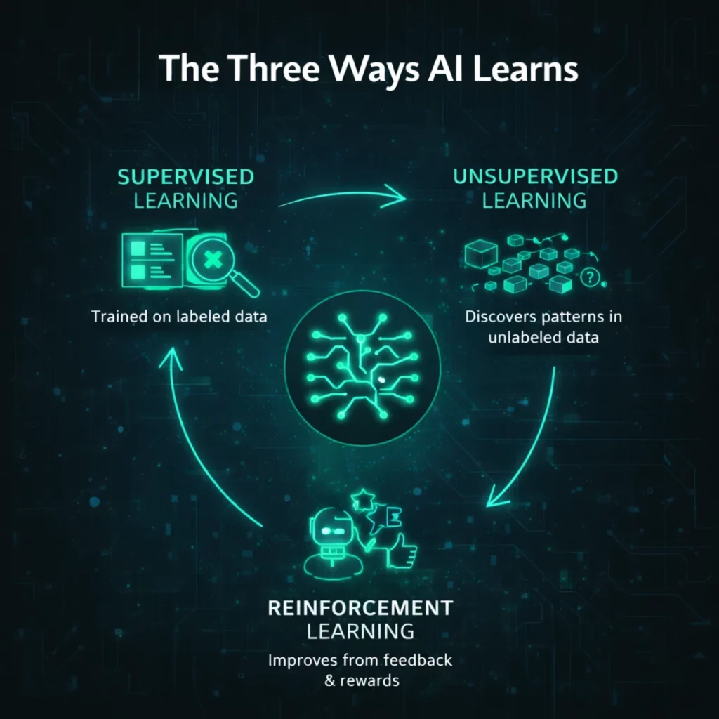 Three ways AI learns: supervised learning, unsupervised learning, and reinforcement learning
