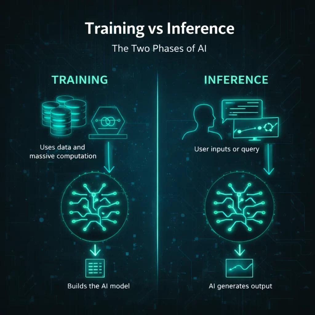 Training vs inference diagram showing how artificial intelligence learns and makes predictions