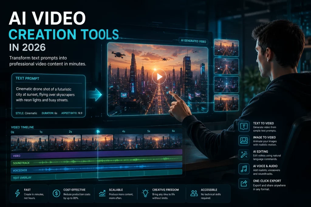 AI video creation tools generating professional video content from text prompts in 2026