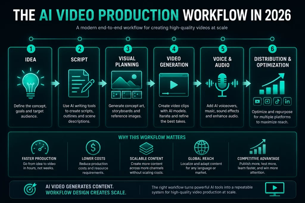AI video production workflow showing idea generation scripting visual planning video creation voice synthesis and content distribution