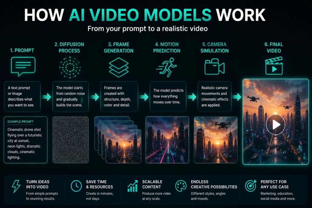 How AI video generation models create realistic videos from prompts using diffusion motion prediction and camera simulation