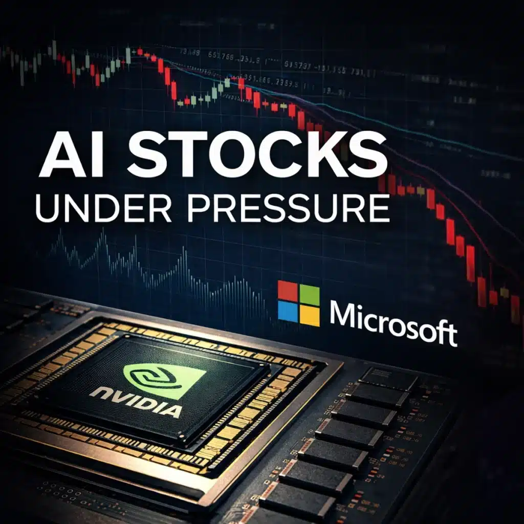 AI stocks under pressure with Nvidia chip and Microsoft logo on declining stock market chart