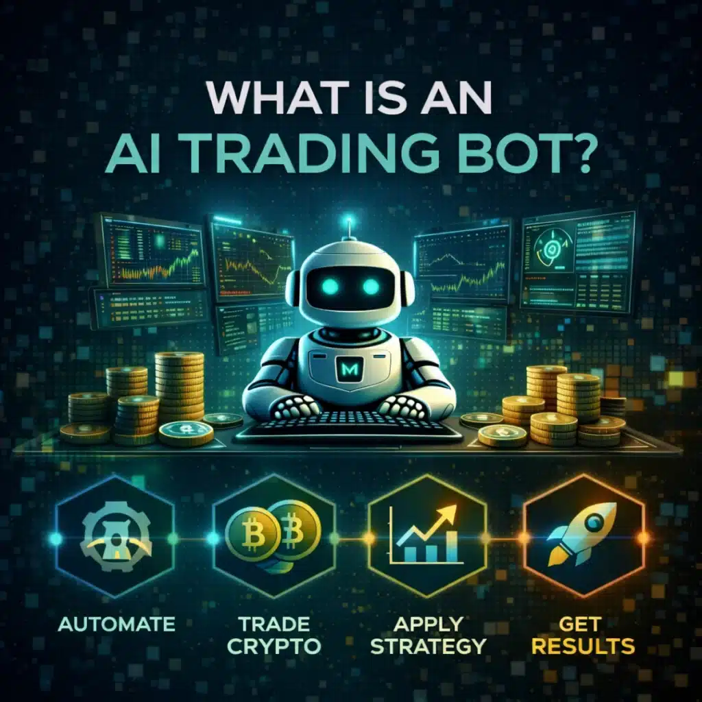 What is an AI trading bot explained with crypto automation, trading charts, and AI bot interface visualization