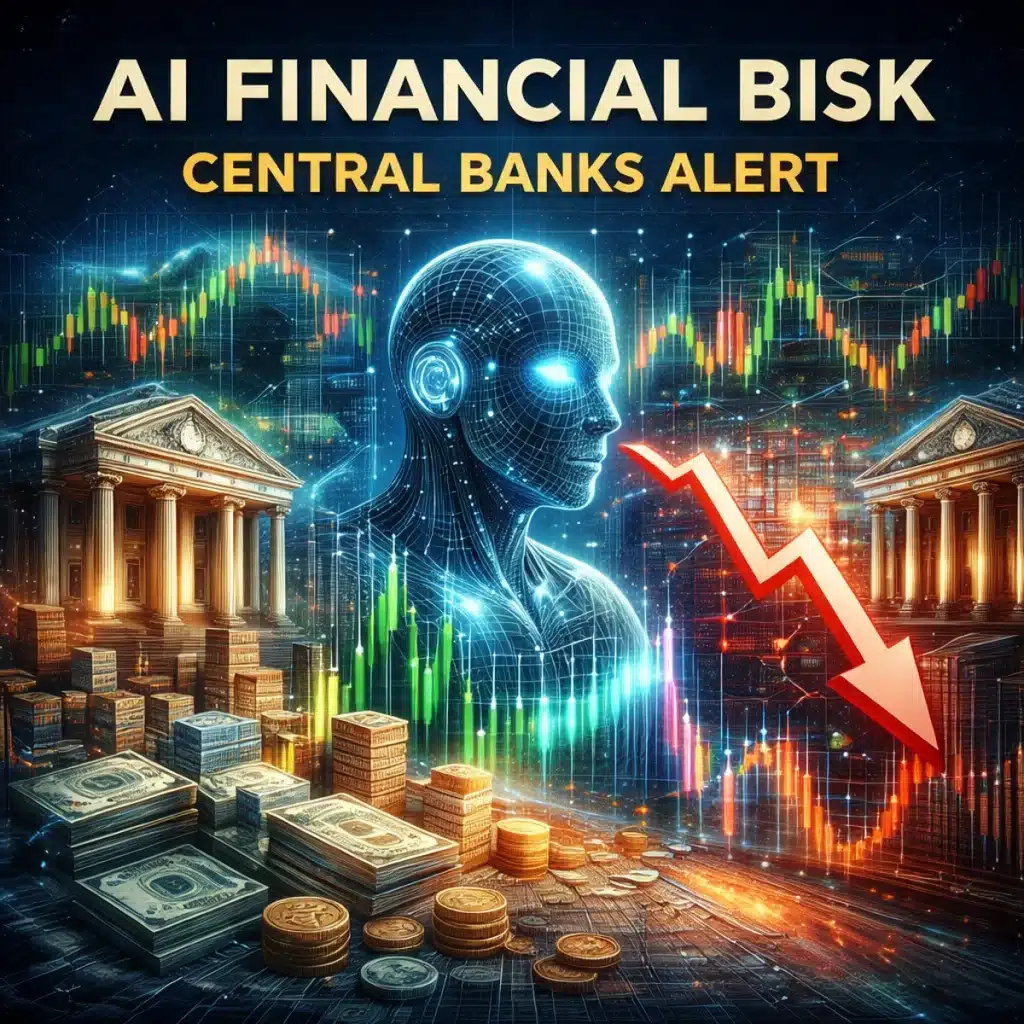 AI financial risk concept showing central banks reacting to AI-driven trading volatility in global markets