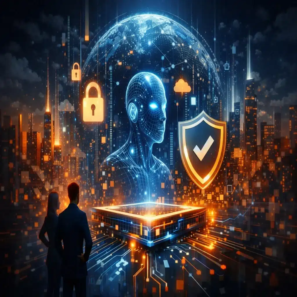 AI trust layer visualized with secure enterprise AI system, monitoring, compliance and data governance