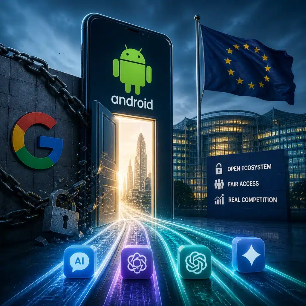 AI ecosystem regulation visual showing EU forcing Google Android to open access for competing AI systems and platforms