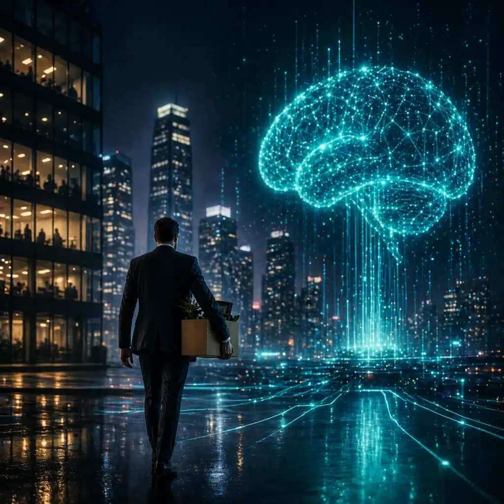 AI layoffs visualization showing worker leaving office while artificial intelligence systems rise in the background
