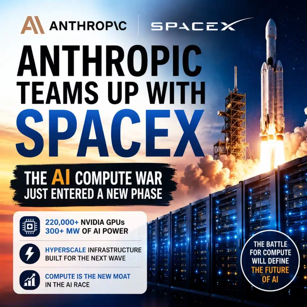 Anthropic and SpaceX AI infrastructure partnership visual showing hyperscale GPU servers, rocket launch, and the growing AI compute war driven by Nvidia GPU capacity and energy infrastructure.