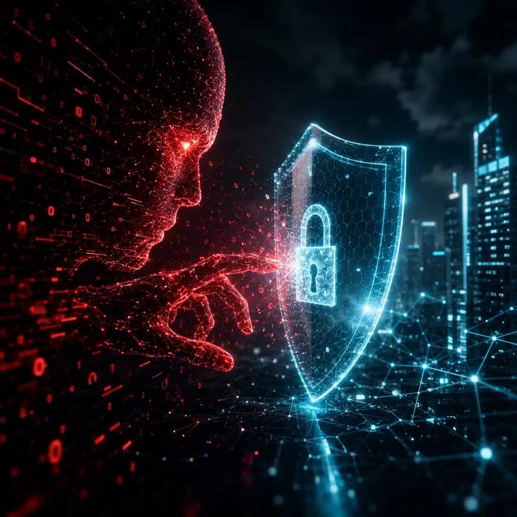 AI-powered cyberattack concept showing a red AI entity attacking a secure digital shield in a futuristic cyber defense environment