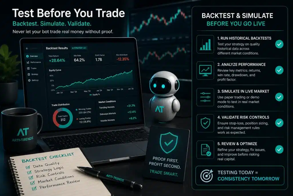 AI crypto trading bot backtesting dashboard showing strategy validation, performance analysis, and paper trading before live deployment