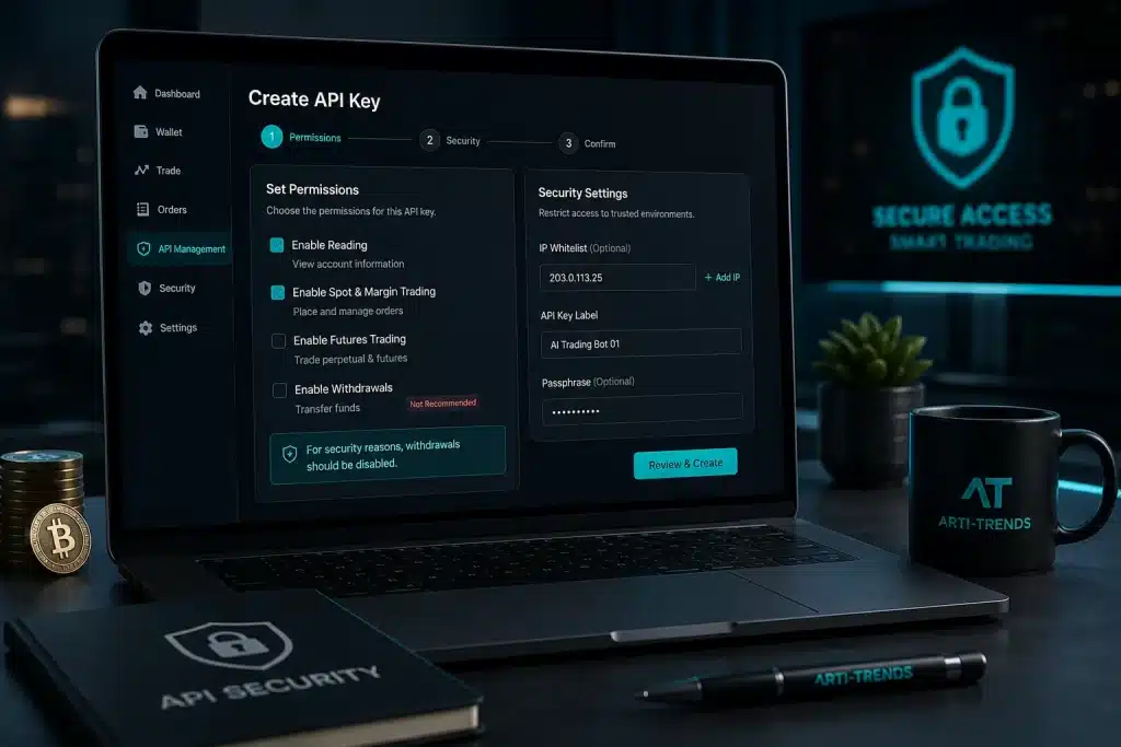 AI crypto trading bot API permissions dashboard showing secure exchange connection and withdrawal protection