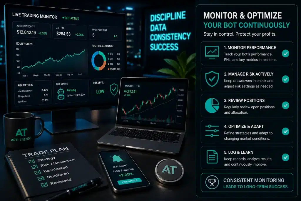 AI crypto trading bot monitoring dashboard showing live performance, portfolio tracking, and automated trading analytics
