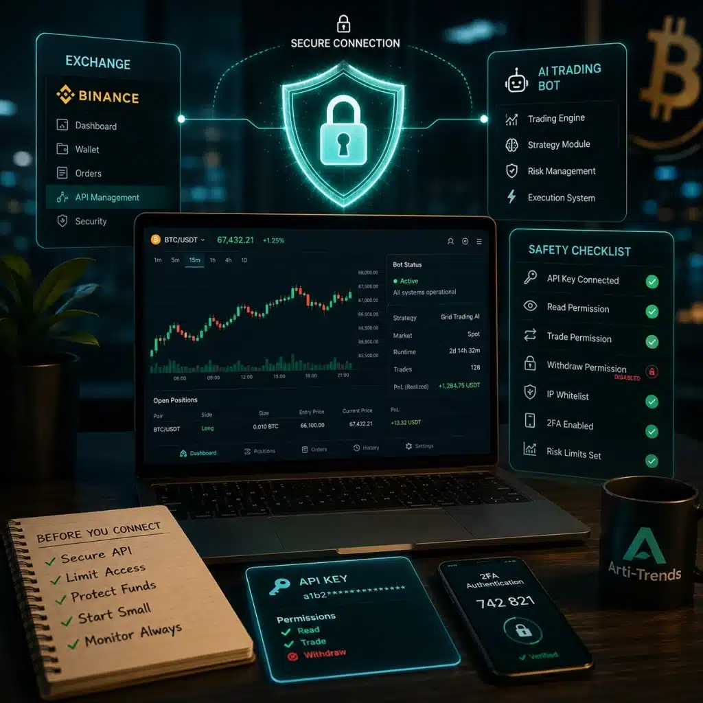 AI crypto trading bot safety checklist showing secure API connection, trading dashboard, and exchange security settings