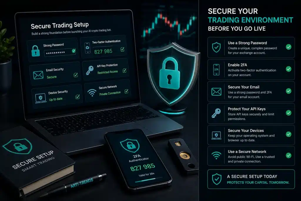 Secure AI crypto trading setup with two-factor authentication, API protection, and exchange account security