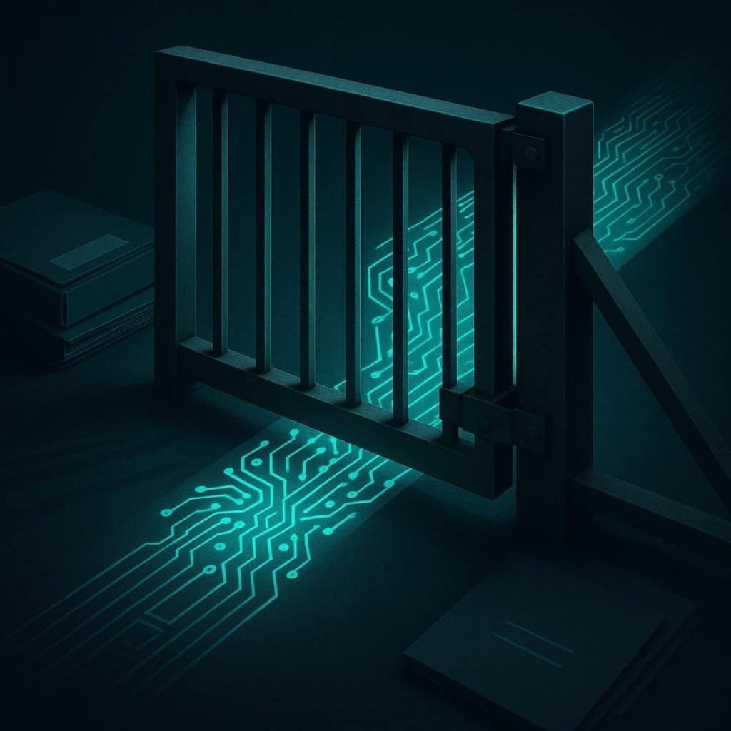 Server rack with a large switch being flipped off by a human hand symbolizing regulatory shutdown of an AI model