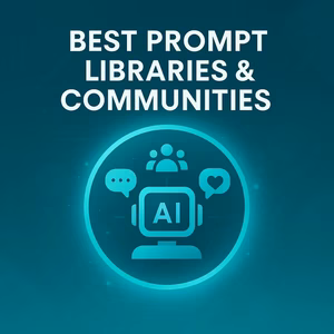 Premium cover visual for the article Best Prompt Libraries & Communities for AI Creators, featuring a turquoise tech gradient and clean AI-themed icons.