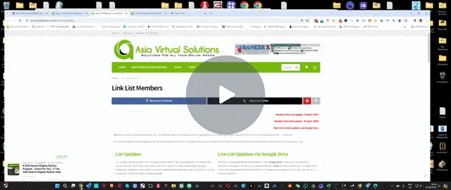 Linkliste für virtuelle Lösungen in Asien – Frage im GSA-Forum beantwortet (1 Antwort) Ein Screenshot eines Computer-Desktops, der eine Webseite für Asia Virtual Solutions mit einer Linkliste und einem Videoplayer in der Mitte der Seite anzeigt.