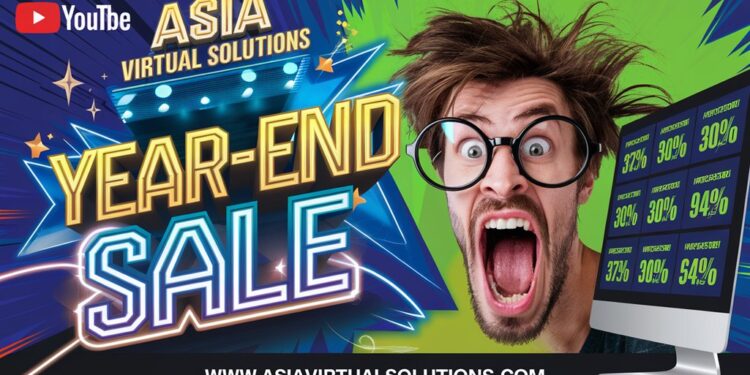 Penjualan Besar-besaran Akhir Tahun Asia Virtual Solutions 1 Gambar promosi untuk Penjualan Akhir Tahun Asia Virtual Solutions menampilkan seorang pria berkacamata yang terkejut, menekankan kegembiraan persentase penjualan akhir tahun yang ditampilkan di layar komputernya.