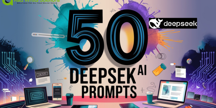 50 Deepseek SEO Prompts to Boost Rankings & Traffic 1 Colorful digital artwork featuring the text "50 Deepsek AI Prompts" with various tech-themed elements like laptops, circuit boards, and virtual screens. Logos of Asia Virtual Solutions and deepseek are visible, highlighting the innovative edge of deepseek prompts.