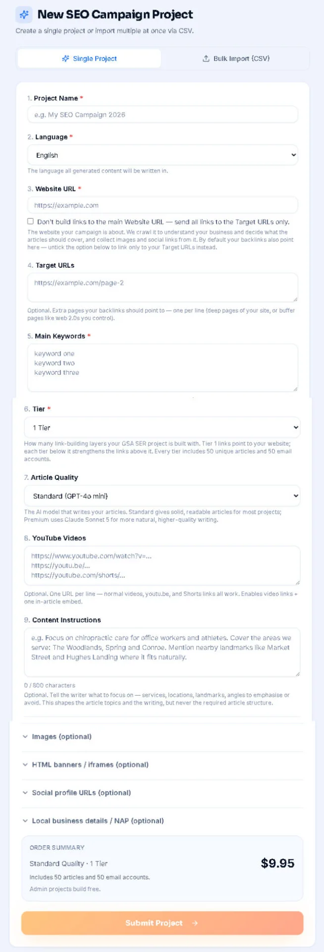 GSA SER Builder เปิดตัวครบ 1 เดือนแล้ว — นี่คือทุกสิ่งที่เราเพิ่มเข้ามา 3 แบบฟอร์มสั่งซื้อ GSA SER Builder ฉบับเต็ม แสดงคำแนะนำเกี่ยวกับเนื้อหา URL เป้าหมาย รายละเอียดธุรกิจในท้องถิ่น และสรุปคำสั่งซื้อ