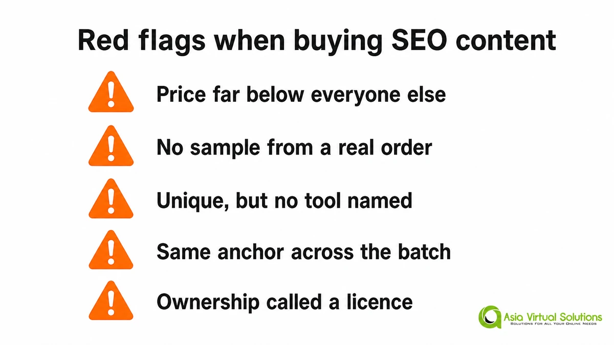 บริการเขียนบทความ SEO: สิ่งที่ควรตรวจสอบก่อนซื้อ 4 5 สัญญาณเตือนเมื่อซื้อคอนเทนต์ SEO: ราคาถูกกว่าคนอื่นมาก, ไม่มีตัวอย่างจากงานจริง, เนื้อหาไม่ซ้ำใครแต่ไม่ได้ระบุชื่อเครื่องมือ, ใช้แองเคอร์เดียวกันทั้งชุด, และกรรมสิทธิ์เรียกว่าใบอนุญาต