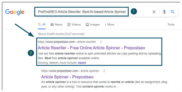 Penulis Semula Artikel PrePostSEO Contoh halaman carian PrePostSEO dengan pautan ke artikel.