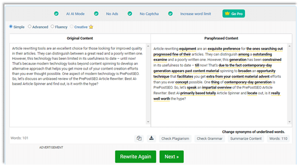 Adakah Penulis Semula Artikel PrePostSEO Benar-benar Berbaloi Digunakan - Ulasan Jujur 3 Tangkapan skrin editor teks dengan skrin PrePostSEO berwarna hijau.