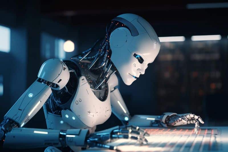 Cara melindungi situs web Anda agar tidak di-scrape oleh alat AI 2 Sebuah robot sedang bekerja di komputer untuk melindungi situs web yang telah di-scrape di ruangan gelap.