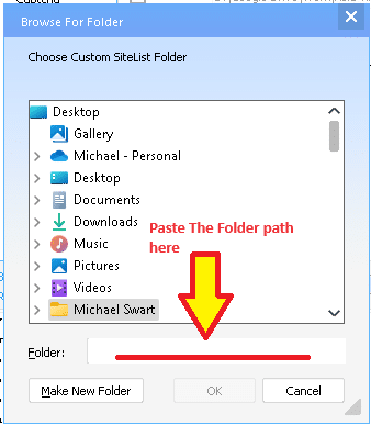 দ্রুত সেটআপ: গুগল ড্রাইভ শেয়ার্ড ফোল্ডার ৭ এর মাধ্যমে GSA SER লিঙ্ক তালিকা অ্যাক্সেস করুন একটি কম্পিউটার উইন্ডোর স্ক্রিনশট যেখানে একটি ফাইল ব্রাউজিং ডায়ালগ দেখানো হচ্ছে যেখানে লাল তীরচিহ্নযুক্ত একটি টেক্সট ফিল্ডের দিকে নির্দেশ করছে "এখানে ফোল্ডার পাথ পেস্ট করুন" লেবেলযুক্ত।.