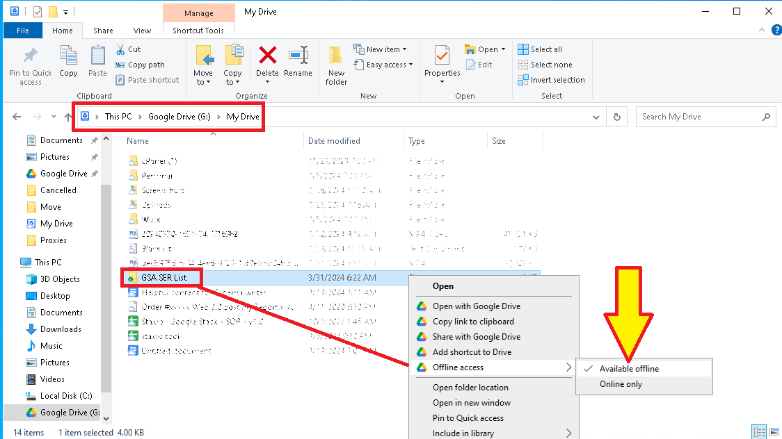 দ্রুত সেটআপ: গুগল ড্রাইভ শেয়ার্ড ফোল্ডার 6 এর মাধ্যমে GSA SER লিঙ্ক তালিকা অ্যাক্সেস করুন এটি উইন্ডোজ এক্সপ্লোরারের ফাইল কনটেক্সট মেনুর একটি স্ক্রিনশট, যেখানে একটি তীর চিহ্ন GSA SER তালিকা ফোল্ডারের জন্য 'অফলাইনে উপলব্ধ' বিকল্পের দিকে নির্দেশ করছে।.