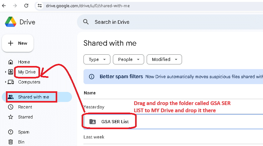 দ্রুত সেটআপ: গুগল ড্রাইভ শেয়ার্ড ফোল্ডার ৫ এর মাধ্যমে GSA SER লিঙ্ক তালিকা অ্যাক্সেস করুন গুগল ড্রাইভ ইন্টারফেসের একটি স্ক্রিনশট যেখানে 'শেয়ার্ড উইথ মি' অংশটি হাইলাইট করা হয়েছে এবং লাল তীরচিহ্নের সাহায্যে 'জিএসএ সার্ লিস্ট' শিরোনামের একটি নির্দিষ্ট ফোল্ডারের দিকে নির্দেশ করা হয়েছে।.