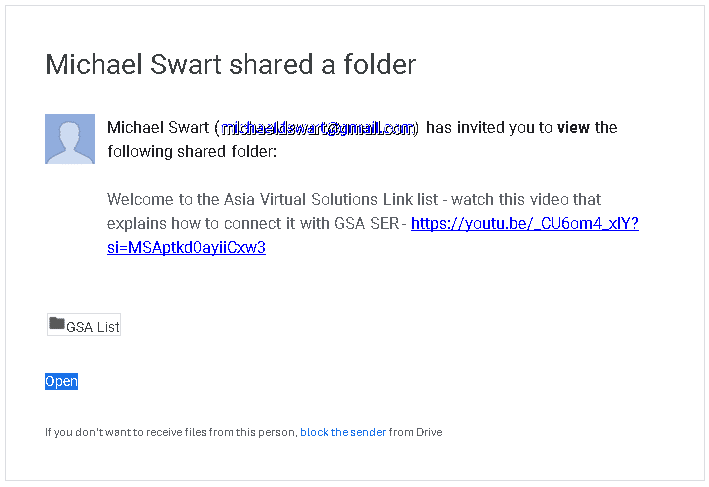 দ্রুত সেটআপ: গুগল ড্রাইভ শেয়ারড ফোল্ডার ৪-এর মাধ্যমে GSA SER লিঙ্ক তালিকা অ্যাক্সেস করুন এটি একটি ইমেল বিজ্ঞপ্তি যা মাইকেল ওয়ার্টের কাছ থেকে একটি আমন্ত্রণ প্রদর্শন করছে যাতে অতিরিক্ত তথ্যের জন্য একটি YouTube ভিডিওর লিঙ্ক সহ একটি Google শেয়ার্ড ফোল্ডার দেখার জন্য অনুরোধ করা হয়েছে।.
