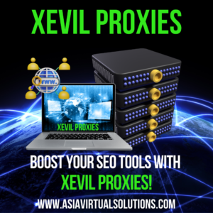 Xevil의 프록시 XEvil 프록시 홍보 이미지. 노트북, 서버 스택, 지구본 아이콘이 등장합니다. 텍스트: "XEvil 프록시로 SEO 도구를 강화하세요! www.asiavirtualsolutions.com".