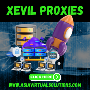 Xevil용 IPv6 프록시 Xevil 프록시 홍보 이미지. 서버, 로켓, 컴퓨터 그래픽 포함. 텍스트에는 클릭 가능한 버튼과 웹사이트 www.asiavirtualsolutions.com이 포함됨.