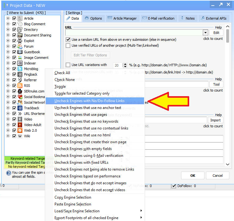 How To Create Contextual, Do-Follow links with GSA Search Engine Ranker 4 Software interface showing a list of search engines, with a dropdown menu option "Uncheck Engines with No Do-Follow Links" highlighted by a yellow arrow.