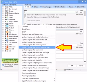 How To Create Contextual, Do-Follow links with GSA Search Engine Ranker 6 Screenshot of a GSA Search Engine ranker interface showing project data settings with a dropdown menu for link options, including "Check All" and "Uncheck Engines that use no contextual links.
