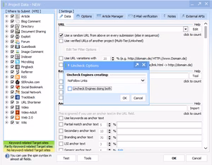 How To Create Contextual, Do-Follow links with GSA Search Engine Ranker 5 Software interface showing project data settings, including URL and link options, with a popup for search engine configurations.