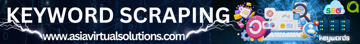 Dịch vụ thu thập từ khóa Hình ảnh banner hiển thị dòng chữ "Keyword Scraping" với đồ họa kỹ thuật số đầy màu sắc và địa chỉ trang web www.asiavirtualsolutions.com.