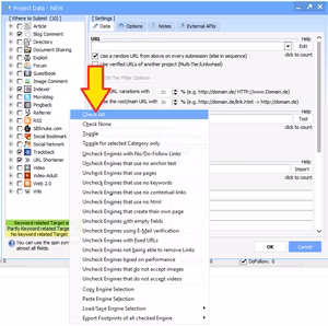 How To Create Contextual, Do-Follow links with GSA Search Engine Ranker 3 GSA Search Engine Ranker interface with a dropdown menu. A red arrow points to the "Check All" option.
