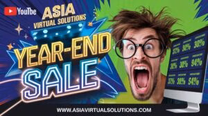 Home 50 The promotional image for Asia Virtual Solutions Year-End Sale showcases a surprised man with glasses, emphasizing the excitement of the year-end sale percentages displayed on his computer screen.