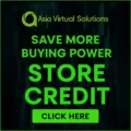 এশিয়া ভার্চুয়াল সলিউশনস কর্তৃক স্টোর ক্রেডিটের জন্য একটি ডিজিটাল বিজ্ঞাপন, যার বার্তা: "আরও কেনাকাটার ক্ষমতা সাশ্রয় করুন—এখনই স্টোর ক্রেডিট পান। এখানে ক্লিক করুন" একটি মসৃণ গাঢ় পটভূমিতে।.