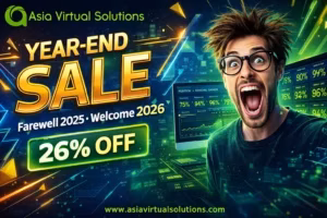 Home 48 Colorful fireworks light up the night sky with text celebrating a 26% year-end discount from Asia Virtual Solutions—marking the transition to happey 2026!.