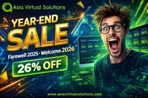 Home 47 Colorful fireworks light up the night sky with text celebrating a 26% year-end discount from Asia Virtual Solutions—marking the transition to happey 2026!.