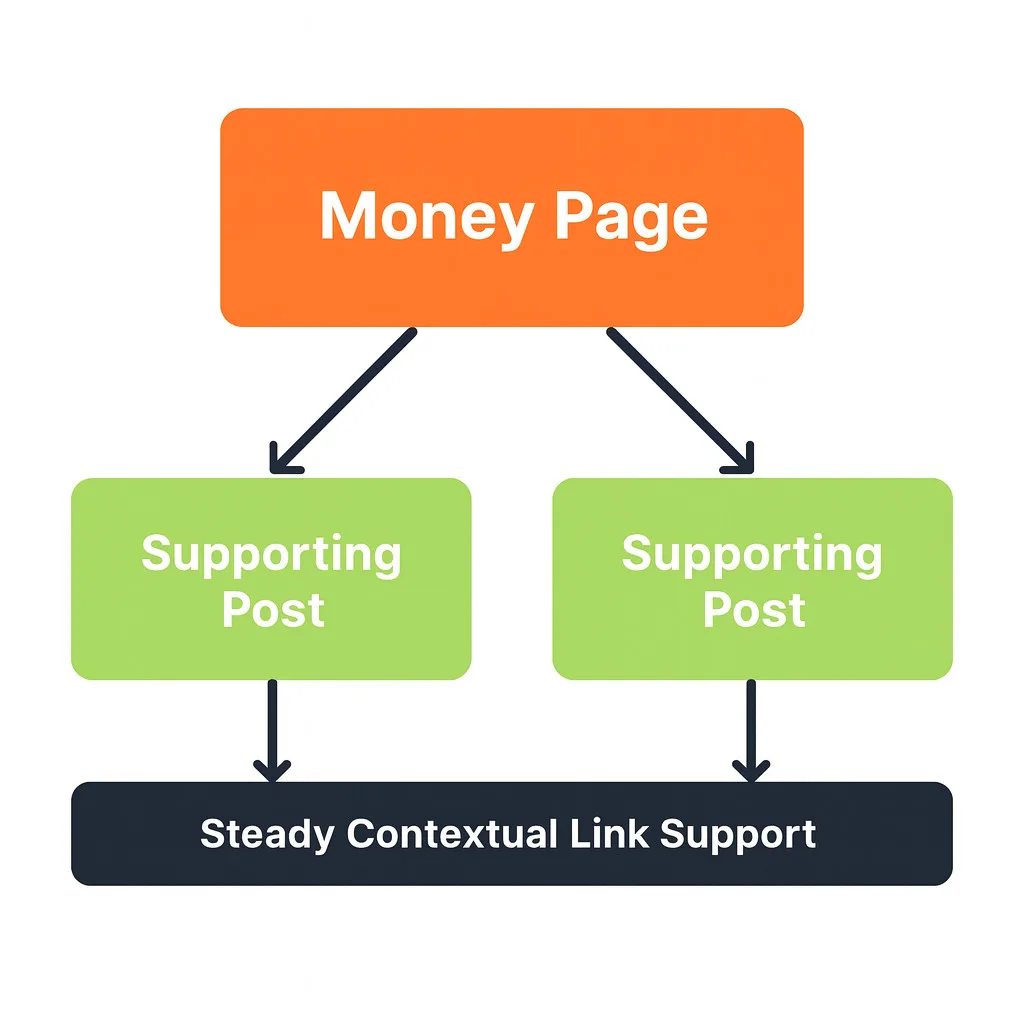 GSA SER リンクビルディング 2026: LPM/VPM の追及をやめる (安全戦略) 12 上部に「Money Page」が示され、2 つの「Supporting Post」ボックスにリンクしているフローチャート。両方とも、下部の GSA SER リンク構築 2026 を特徴とする「Steady Contextual Link Support」を指しています。.