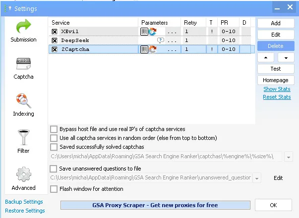 GSA Search Engine ranker Captcha Settings Screenshot of a software settings window showing options for captcha services including Xrivil, DeepSeek, and 2Captcha API, with various configuration checkboxes and file path fields.
