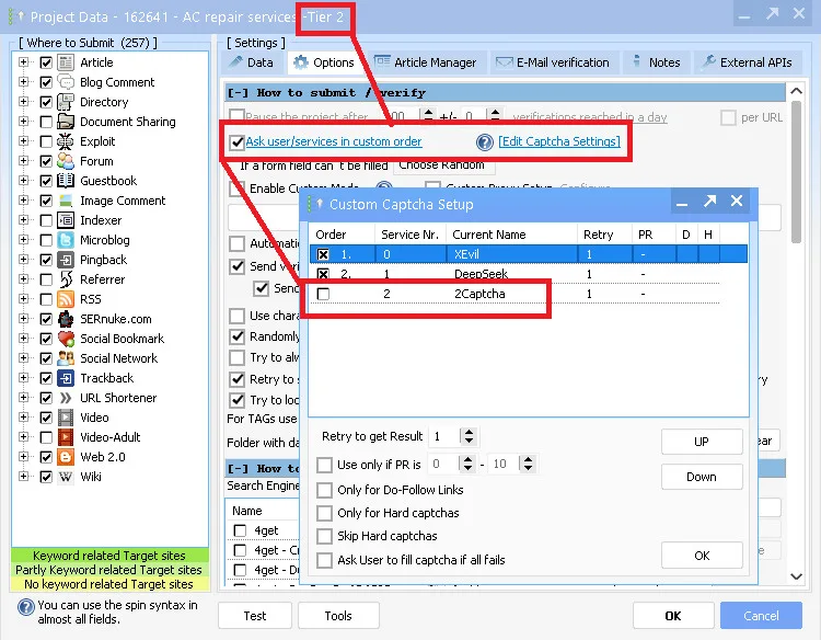How to Improve CAPTCHA Solve Rates in GSA SER: Use Redundancy, Not Guesswork 12 A software window displays a captcha setup menu, highlighting options to edit captcha settings and select services like DeepSeot and 2Captcha for a project titled "AC repair services.